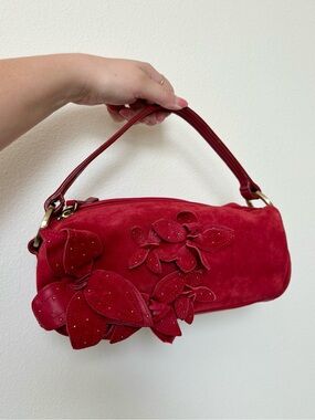 Vintage Suede & Leather Ann Taylor Gold Hardware Flower Appliqué Red Purse